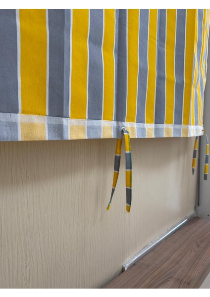 Sarı Gri Balkon Perdesi, Çardak Perdesi, Korniş Düğmeli ve Kuş Gözü Delikli Balkon Perdesi