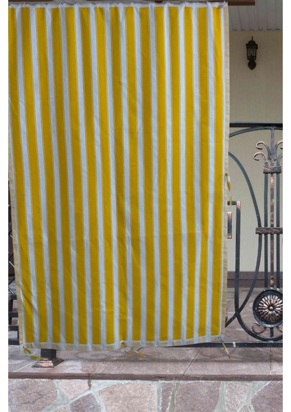 Sarı Beyaz Balkon Perdesi, Çardak Perdesi, Korniş Düğmeli ve Kuş Gözü Delikli Balkon Perdesi