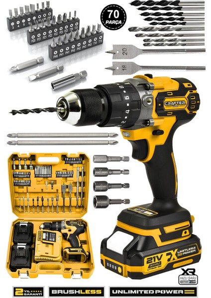 21V Çift Akülü Darbeli ve Vidalama Matkap, Çelik Mandren, Kömürsüz Motor