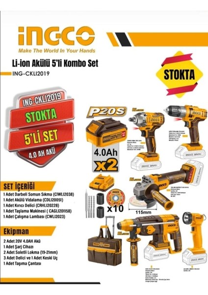 Iş Güçlendiren 5'li Akülü Set, Hafif ve Taşınabilir Çantalı, 4.0AH Li-Ion Batarya