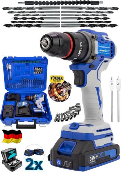 Şarjlı 970F Kömürsüz Motor Çelik Mandren Akülü Darbeli Matkap 10MM Mavi