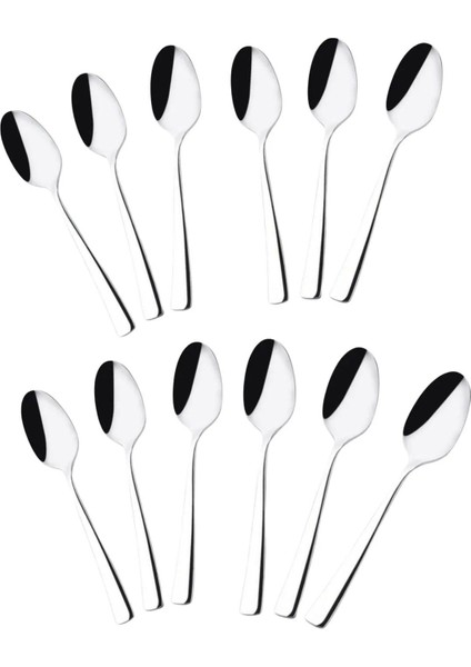 12 Adet Şık Paslanmaz Çelik Tatlı Kaşık, Düz Model, Günlük Kullanıma Uygun