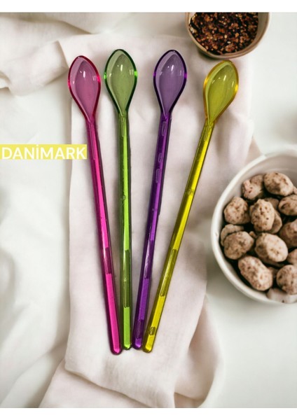 Renkli 4'lü Uzun Kokteyl ve Kahve Karıştırıcı Kaşığı Seti