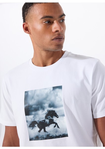 Bisiklet Yaka Baskılı Beyaz Erkek T-Shirt M5WM-TST1052