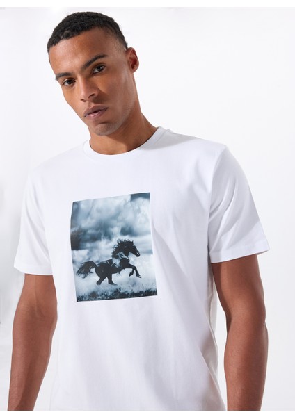 Bisiklet Yaka Baskılı Beyaz Erkek T-Shirt M5WM-TST1052 fırsatları