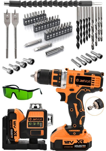 Çift Akülü 12 Köşe 360° Otomatik Hizalamalı Lazer Metre ve Çelik Mandren Set