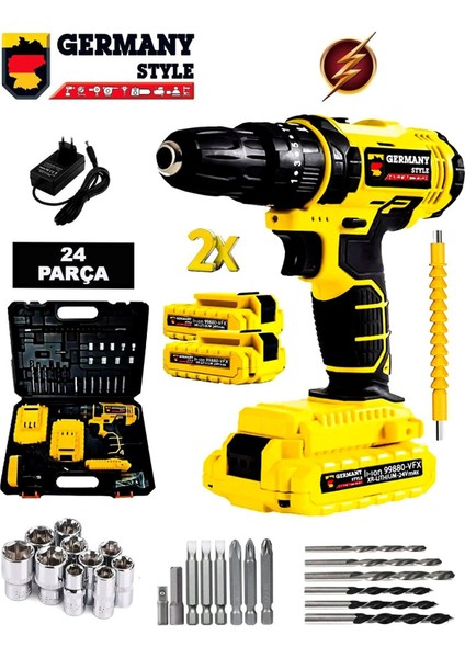 Çelik Şanzıman Darbeli Çift Akülü Vidalama Seti 24 Parça