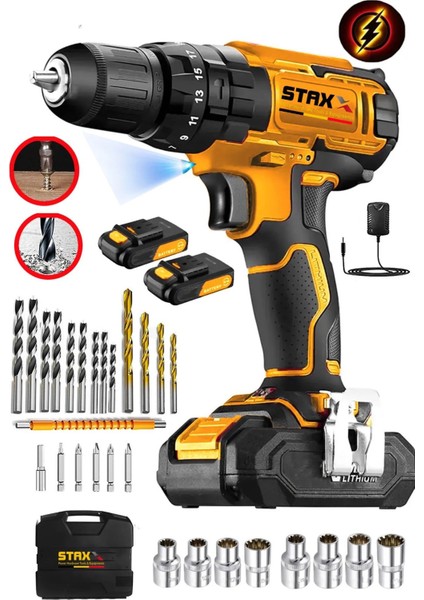 Çift Akülü 21500W Güçlü Matkap Seti, 27 Parça Vidalama ve Çelik Şanzuman fiyatları