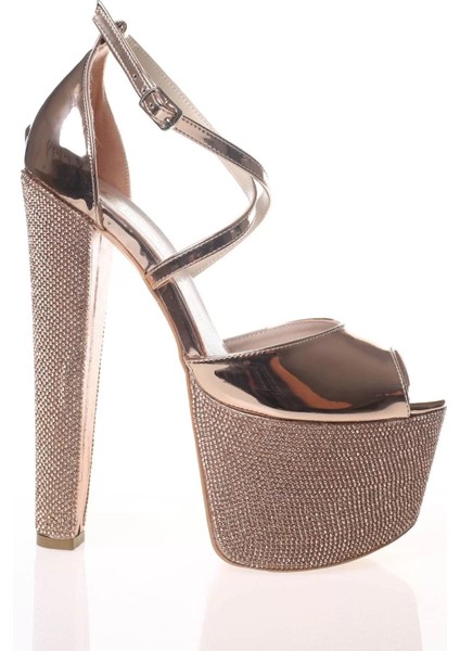 Kadın Moda Şık Gold Ayna Ökçe Poli Taş Yüksek Topuk Topuklu Düğün Nişan Gece Abiye Ayakkabı