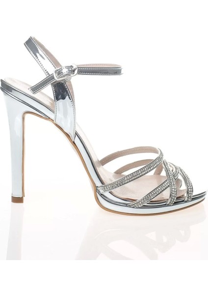 Kadın Moda Şık Gümüş Ayna Sonsuz Taşlı Topuklu Zarif Tasarım Düğün Nişan Gece Abiye Ayakkabı