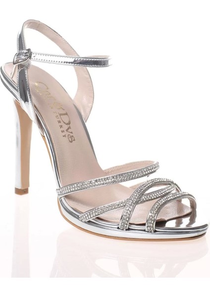 Kadın Moda Şık Gümüş Ayna Sonsuz Taşlı Topuklu Zarif Tasarım Düğün Nişan Gece Abiye Ayakkabı fiyatları
