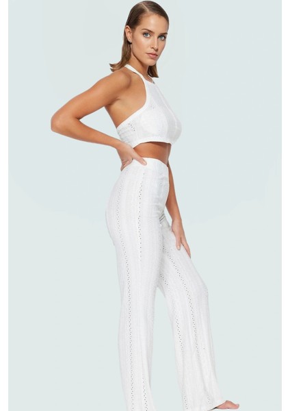 Dantel Detaylı Halter Yaka Crop Bluz ve Geniş Paça Pantolon Plaj Takımı Özel Tasarım fiyatları
