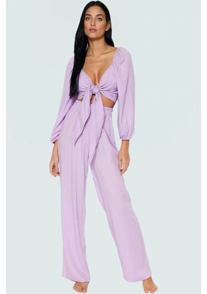 Şık Viskoz Dokuma Uzun Kollu Bağlamalı Bluz Pantolon Takım Yüksek Kalite Görünüm