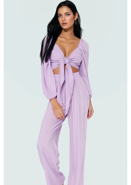 Şık Viskoz Dokuma Uzun Kollu Bağlamalı Bluz Pantolon Takım Yüksek Kalite Görünüm fiyatları