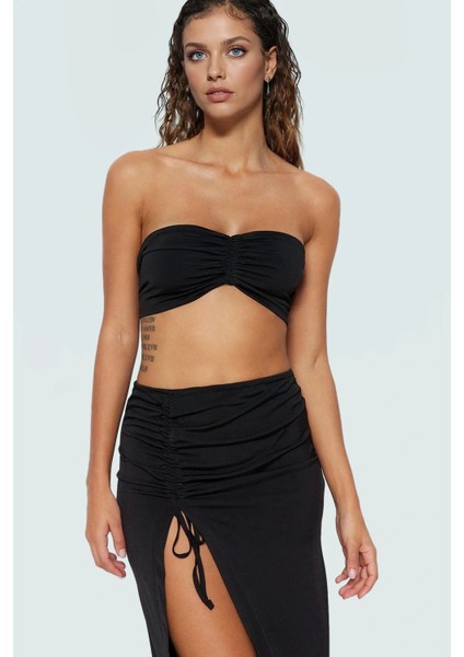 Kadın Örme Fitted Straplez Bluz Etek Plaj Takımı Dar Paça Modern Stil Premium Kalite fiyatları