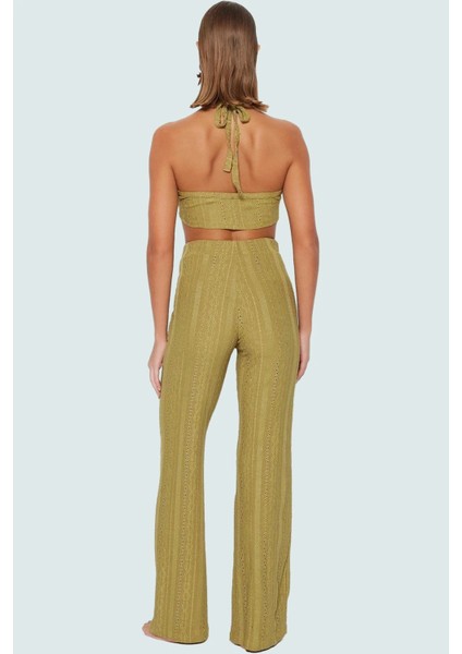 Dantel Detaylı Halter Yaka Crop Bluz ve Geniş Paça Pantolon Plaj Takımı Özel Tasarım modelleri