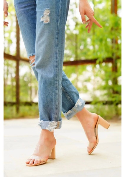 Kadın Kalın Topuklu Şeffaf Bant Terlik Yazlık Modern Hafif Konforlu Şıklık