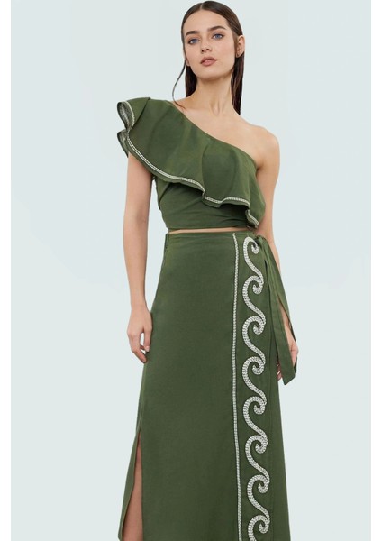 Yazlık Asimetrik Yaka Leopar Desenli Pamuklu Uzun Bluz Etek Takım Özenle Seçilmiş Yüksek Kalite