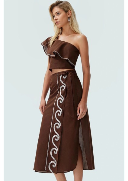 Yazlık Asimetrik Yaka Leopar Desenli Pamuklu Uzun Bluz Etek Takım Özenle Seçilmiş Yüksek Kalite