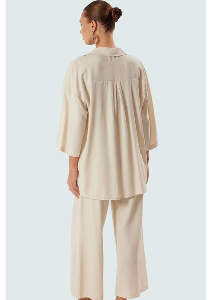 Yazlık Viskoz Polyester Dokuma Uzun Gömlek Pantolon Takım Rahat Plaj Stili Şık Görünüm modelleri