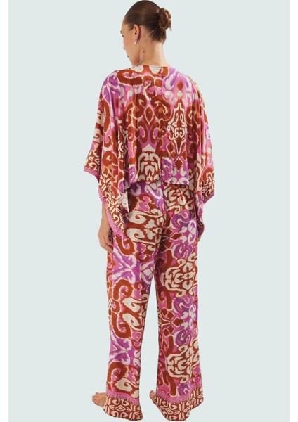 Yazlık Etnik Desenli Viskoz Plaj Takımı Rahat Kesim Bol Pantolon Modern Stil Zarifane Tasarım modelleri