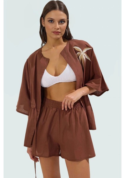 Kadın Pamuklu Bluz Şort Plaj Takımı Dik Yaka Truvakar Kol Yazlık Trend Tasarım
