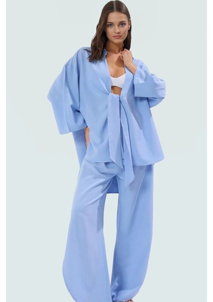 Keten Karışımlı Oversize Gömlek Pantolon Takım Plaj ve Günlük Kullanım Rahat Şık