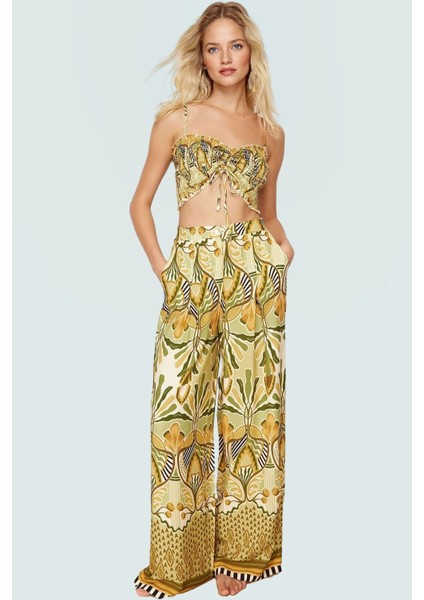 Şık Etnik Desenli Viskoz Bluz Pantolon Takım Yaz Plaj Modası Rahat Kullanım Trend Tasarım