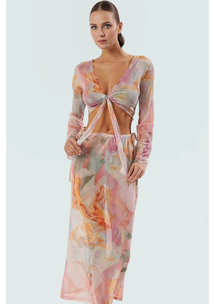 Şık Kadın Uzun Bluz Etek Plaj Takımı Örme Polyester Yazlık Yüksek Kalite Zarifane Tasarım