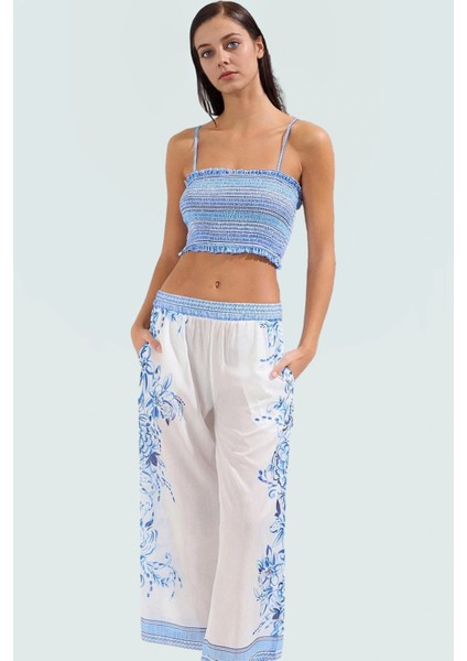 Yazlık Çiçek Desenli Pamuklu Bluz Pantolon Takım Plaj Modası Modern Stil Özenle Seçilmiş
