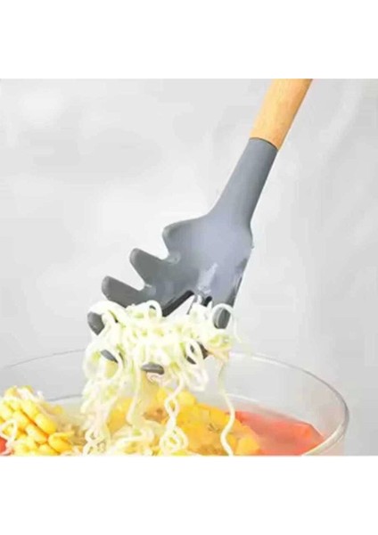 Siyah Silikon Spagetti Kaşığı, Ahşap Sap, Dayanıklı ve Şık Mutfak Gereci.