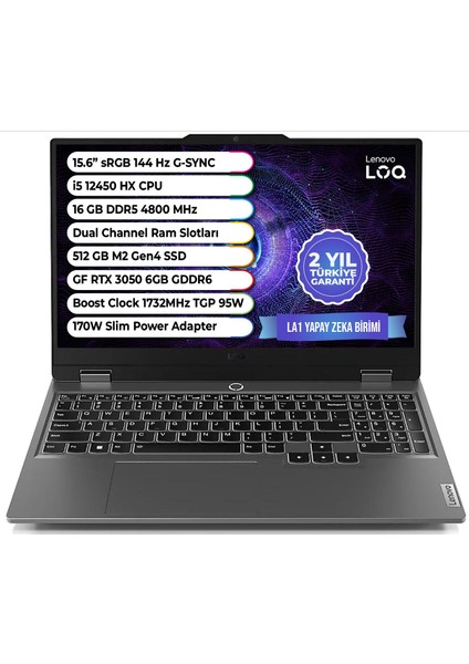 Loq Intel Core I5-12450HX 16GB 512GB SSD Rtx™ 3050 6gb 15,6" Gaming Laptop 83GS008GTR