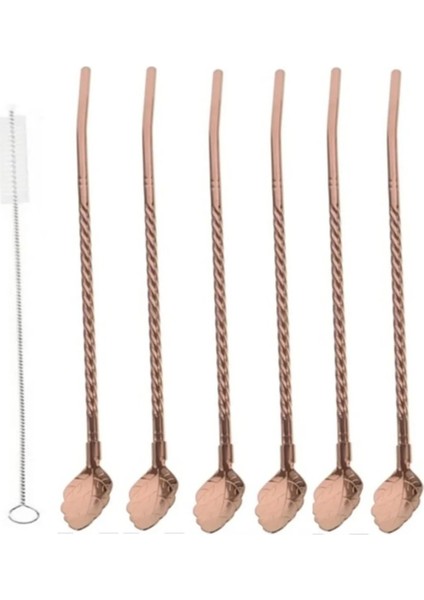 Bronz Renk Pipetli Latte Kaşığı 6 Adet ve Temizleme Fırçası, 22 cm Yaprak Tasarım