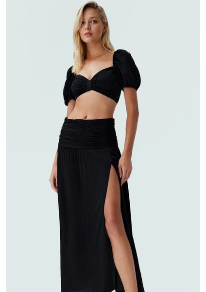 Yazlık Dokuma Bluz Etek Takım V Yaka Kısa Kol Plaj Modası Yüksek Kalite Konforlu Kesim