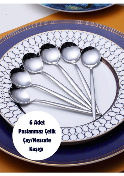 6 Adet Çelik Lüx Yuvarlak Gümüş Çay ve Nescafe Kaşığı 13 cm fırsatları