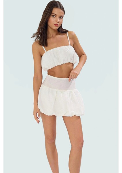 Kadın Pamuklu Flamlı Dokuma Crop Bluz Etek Yaz Takımı Yüksek Kalite Zarifane Tasarım