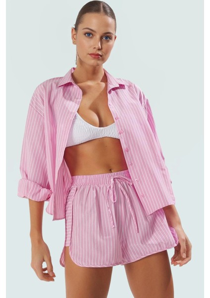 Şık Çizgili Pamuklu Gömlek Şort Plaj Takımı Yazlık Rahat Kombin Görünüm Yüksek Kalite