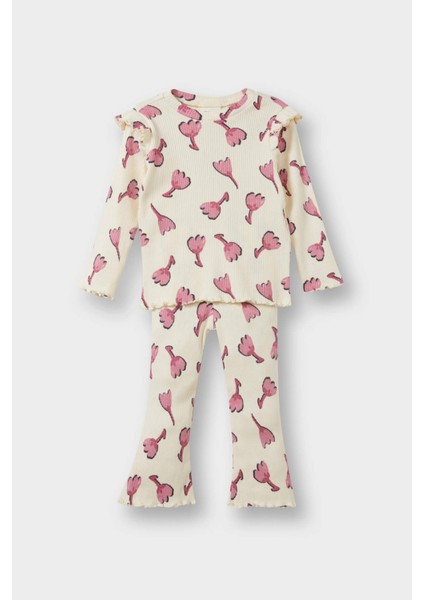 Kız Bebek 2'li Takım Çiçekli Fitilli Kaşkorse Sweatshirt İspanyol Paça Tayt F3714A525AU