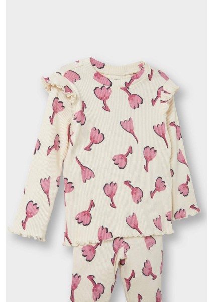 Kız Bebek 2'li Takım Çiçekli Fitilli Kaşkorse Sweatshirt İspanyol Paça Tayt F3714A525AU modelleri