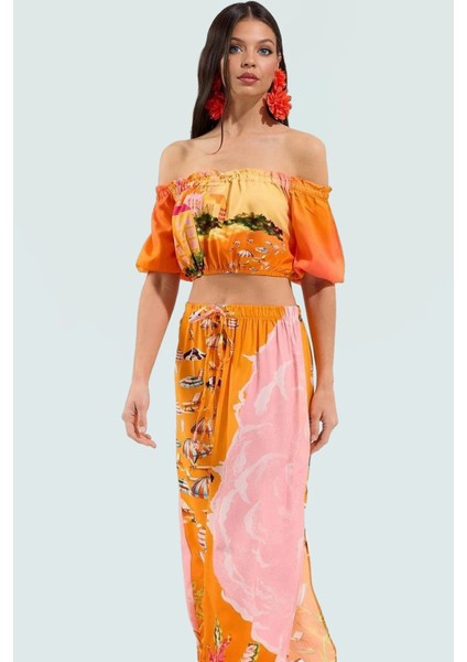 Şık Manzara Desenli Viskoz Plaj Bluz Etek Takımı Yazlık Rahat Kombin Zarifane Tasarım ve