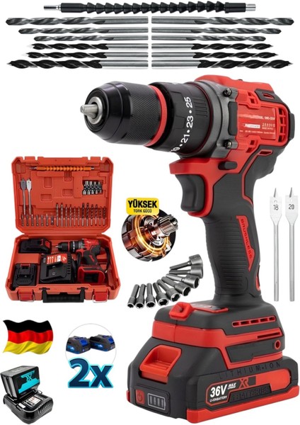 Şarjlı 990F Kömürsüz Metal Mandren Akülü Darbeli Matkap 10MM Kırmızı