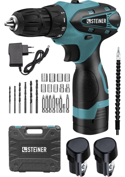 Çift Akülü Vidalama Takımı, 36V Metal Şanzıman, 24 Parça Set, Mavi