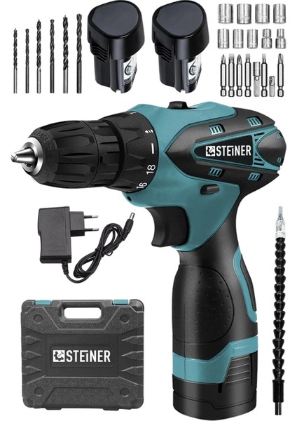 Çift Akülü Vidalama Takımı, 36V Metal Şanzıman, 24 Parça Set, Mavi