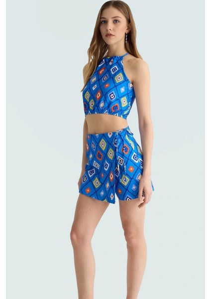 Çok Geometrik Desenli Fitted Halter Yaka Bluz ve Mini Etek Yaz Takımı Modern Stil