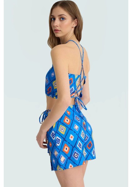 Çok Geometrik Desenli Fitted Halter Yaka Bluz ve Mini Etek Yaz Takımı Modern Stil fiyatları