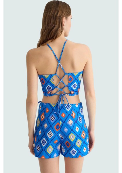 Çok Geometrik Desenli Fitted Halter Yaka Bluz ve Mini Etek Yaz Takımı Modern Stil modelleri