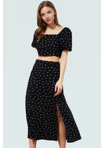Şık Puantiyeli Viskoz Bluz Etek Takım Fitted Kalıp Yazlık Trend Tasarım Dayanıklı Malzeme fiyatları