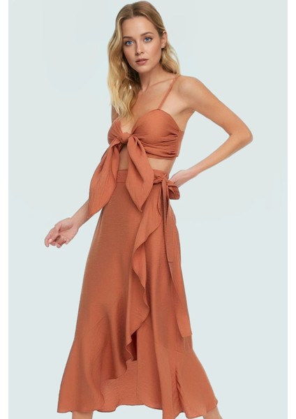 Kadın Tarzı Yazlık Volanlı Bluz Etek Takım Rahat Viskoz Kumaş Plaj Profesyonel Görünüm