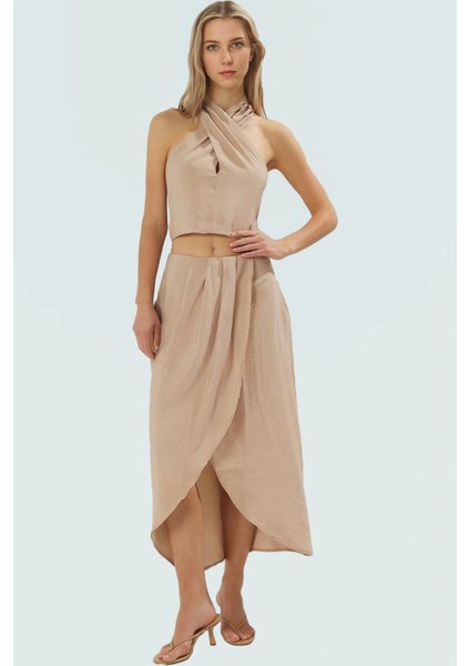 Yazlık Crop Bluz Etek Takım Polyester Pamuk Dokuma Kumaş Profesyonel Görünüm Yüksek Kalite