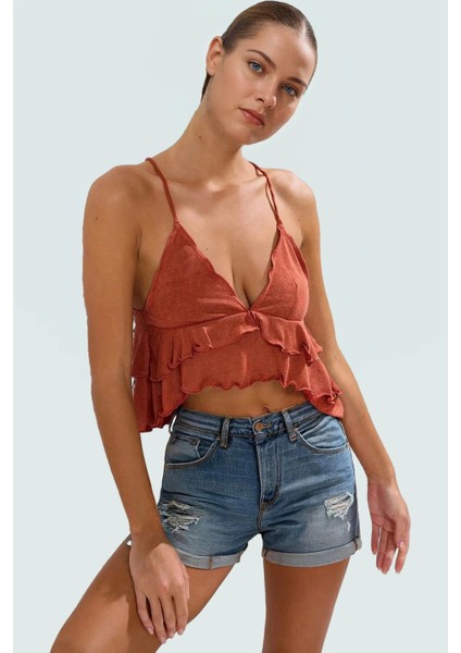 Volanlı Örme Plaj Bluz Yazlık Kadın Giyim Günlük Kullanım Için Rahat ve Şık